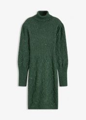Sukienka dzianinowa z cekinami. Zielone sukienki damskie bonprix, bez wzorów, z dzianiny, eleganckie, bez ramiączek. Za 169.99 zł.