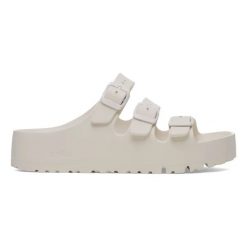 Klapki damskie Birkenstock Florida III Flex Platform EVA Eggshell. Białe klapki damskie Birkenstock, bez wzorów, bez obcasa, na platformie, bez zapięcia. Za 239.99 zł.
