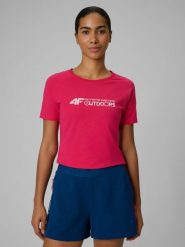 4F T-shirt slim z nadrukiem damski - różowy S. Czerwone t-shirty damskie 4F, l, bez wzorów, z materiału, bez kołnierzyka. Za 59.99 zł.