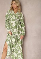 Zielona Rozkloszowana Sukienka w Kroju Szmizjerki z Zapięciem na Guziki i Falbanką Kelloena. Zielone sukienki damskie Renee, bez wzorów, z materiału, bez ramiączek. W wyprzedaży za 99.99 zł.