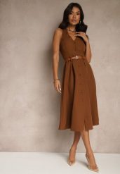 Brązowa Rozkloszowana Sukienka z Guzikami Folunira. Brązowe sukienki damskie Renee, bez wzorów, eleganckie, bez ramiączek. W wyprzedaży za 107.99 zł.