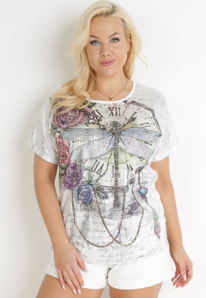 Biała Bluzka z Błyszczącym Nadrukiem i Krótkimi Rękawami Nataloli. Białe bluzki damskie Born2be, m, bez wzorów, bez kołnierzyka, bez ramiączek. Za 49.99 zł.