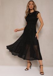 Czarna Ażurowa Sukienka o Rozkloszowanym Kroju Ozdobiona Paskiem Galorena. Czarne sukienki damskie Renee, w ażurowe wzory, z materiału, eleganckie, bez ramiączek. W wyprzedaży za 183.99 zł.