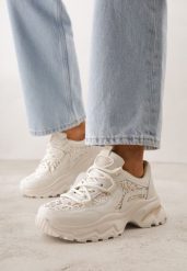 Beżowe Sneakersy na Grubej Podeszwie z Koronkowymi Wstawkami i Cyrkoniami Sephialle. Brązowe obuwie sportowe damskie Born2be, z dresówki, bez zapięcia, trekkingowe. Za 109.99 zł.