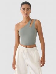 4F Crop top treningowy na jedno ramię 4F x Anna Lewandowska - khaki L. Brązowe koszulki sportowe damskie 4F, l, bez wzorów, z dzianiny, bez ramiączek, na fitness i siłownię. Za 129.99 zł.