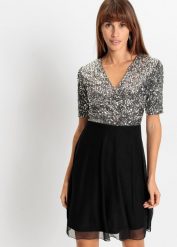 Sukienka mini z cekinami. Szare sukienki damskie bonprix, bez wzorów, bez ramiączek. Za 199.99 zł.