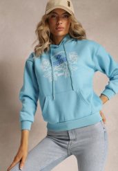 Jasnoniebieska Modna Bluza z Nadrukiem i Kapturem Ozdobiona Nadrukiem Arinalu. Niebieskie bluzy damskie Renee, l, bez wzorów, z polaru. Za 79.99 zł.