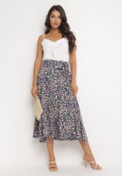 Granatowo-Żółta Midi Spódnica z Wiskozy w Kwiatowy Print z Materiałowym Paskiem Omona. Niebieskie spódnice damskie Born2be, l, bez wzorów, z materiału, midi. Za 74.99 zł.