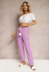 Ciemnofioletowe Spodnie High Waist o Kroju Bojówek z Kieszeniami Wykończone Gumką w Pasie Efiene. Fioletowe spodnie materiałowe damskie Renee, bez wzorów, z jeansu. Za 44.99 zł.