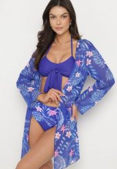 Niebieskie Bikini Wiązany Biustonosz i Majtki Figi z Dodatkową Narzutką z Siateczki Zareliah. Niebieskie bikini Born2be, z aplikacjami. Za 84.99 zł.
