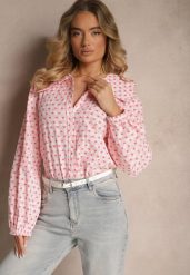 Różowa Koszula Retro z Bawełny i Wiskozy Ozdobiona Wzorem w Serca Tilzema. Czerwone koszule damskie Renee, m, bez wzorów, z bawełny, retro, bez kołnierzyka, bez ramiączek. Za 89.99 zł.