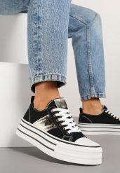 Czarne Trampki na Grubej Podeszwie z Metaliczną Wstawką Telarella. Czarne trampki damskie Born2be, bez wzorów, z jeansu, bez zapięcia. Za 84.99 zł.