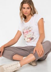 T-shirt z nadrukiem w pióra. Niebieskie t-shirty damskie bonprix, bez wzorów, bez kołnierzyka. Za 69.99 zł.