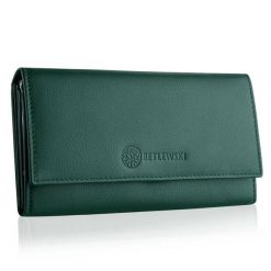 Portfel damski BETLEWSKI BPD-SS-13 ZIELONY. Zielone portfele damskie Betlewski, bez wzorów, ze skóry. Za 139.99 zł.