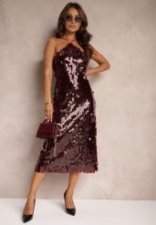Bordowa Cekinowa Sukienka o Asymetrycznym Fasonie z Ozdobnym Wiązaniem na Plecach Leriseli. Czerwone sukienki damskie Renee, z aplikacjami, eleganckie, bez ramiączek. W wyprzedaży za 91.99 zł.
