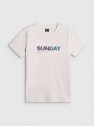 4F T-shirt regular z nadrukiem damski - biały S. Białe t-shirty damskie 4F, s, bez wzorów, z bawełny, bez kołnierzyka. Za 59.99 zł.