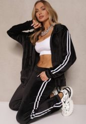 Czarny Komplet Dresowy Spodnie i Bluza Rozpinana Ozdobiona Paskami Mirwia. Czarne bluzy damskie Renee, xl, bez wzorów, z dresówki, bez kaptura. Za 69.99 zł.