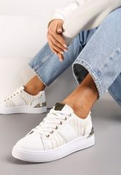 Biało-Beżowe Sznurowane Sneakersy z Ekoskóry z Plecionką i Metaliczną Wstawką Josephina. Białe obuwie sportowe damskie Renee, bez zapięcia. Za 79.99 zł.