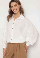 Biała Koszula z Wiskozą o Kroju Nietoperza Sonaretia. Białe koszule damskie Born2be, bez wzorów, z jeansu, eleganckie, bez kołnierzyka, bez ramiączek. Za 84.99 zł.