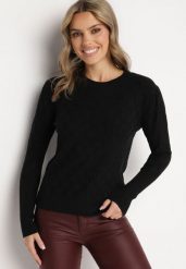 Czarny Sweter z Wiskozą Modalem i Ozdobnym Splotem Jaliti. Czarne swetry klasyczne damskie Born2be, m, z jeansu, bez kołnierzyka. Za 74.99 zł.