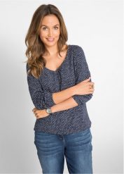 Bluzka bawełniana z czystej bawełny organicznej. Niebieskie bluzki damskie bonprix, bez wzorów, z bawełny, bez kołnierzyka, bez ramiączek. Za 64.99 zł.