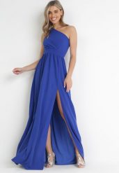 Granatowa Sukienka Maxi Na Jedno Ramię z Rozcięciem na Dole Jasminta. Niebieskie sukienki damskie Born2be, bez wzorów, eleganckie, bez ramiączek. W wyprzedaży za 152.99 zł.