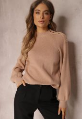 Beżowy Sweter Dzianinowy z Długim Rękawem i Guzikami Kithi. Brązowe swetry klasyczne damskie Renee, z dzianiny, bez kołnierzyka. Za 129.99 zł.