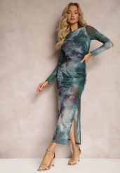Zielona Siateczkowa Sukienka Bodycon w Marmurkowy Wzór z Rozcięciem na Dole Valerimes. Zielone sukienki damskie Renee, bez wzorów, bez ramiączek. W wyprzedaży za 119.99 zł.