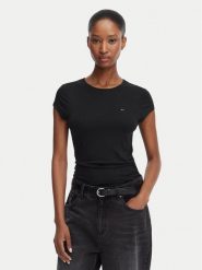 Tommy Jeans T-Shirt Draped DW0DW22802 Czarny Slim Fit. Czarne t-shirty damskie Tommy Jeans, l, bez wzorów, z jeansu, bez kołnierzyka. Za 169.99 zł.