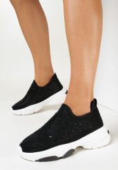 Czarne Sneakersy z Cyrkoniami na Cholewce Alenthe. Czarne obuwie sportowe damskie Born2be, z jeansu, bez zapięcia. Za 109.99 zł.