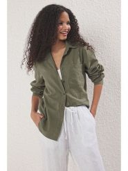 Trendyol Koszula w kolorze khaki rozmiar: 42. Brązowe koszule damskie Trendyol, bez wzorów, z bawełny, bez kołnierzyka, bez ramiączek. Za 77.95 zł.