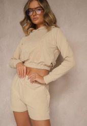 Beżowy Komplet z Bawełny w Sportowym Stylu Bluza z Kapturem i Szorty Izurea. Brązowe bluzy damskie Renee, na lato, bez wzorów, z bawełny, z kapturem. Za 89.99 zł.