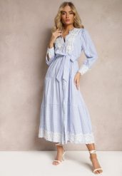 Jasnoniebieska Bawełniana Sukienka z Ażurową Koronką Przy Dekolcie i na Rękawach Lekovia. Niebieskie sukienki damskie Renee, w ażurowe wzory, z bawełny, vintage, bez ramiączek. W wyprzedaży za 159.99 zł.