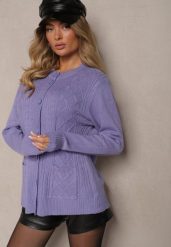 Jasnofioletowy Casualowy Kardigan z Bawełną z Kieszonkami Ozdobiony Tłoczeniem Mevanille. Fioletowe kardigany damskie Renee, l, bez wzorów, z bawełny. Za 69.99 zł.