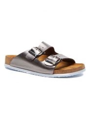 Comfortfusse Skórzane klapki w kolorze srebrnym rozmiar: 38. Szare klapki damskie Comfortfüße, bez wzorów, z otwartym noskiem, bez obcasa, bez zapięcia. Za 276.71 zł.