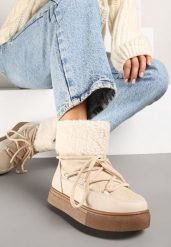 Beżowe Śniegowce Futerkowe na Platformie ze Sznurowaną Cholewką Izalithia. Brązowe śniegowce damskie Renee, z futra. Za 99.99 zł.