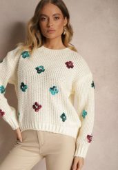 Jasnobeżowy Sweter z Wiskozą Zdobiony Cekinowymi Aplikacjami z Kwiatami Edalora. Brązowe swetry klasyczne damskie Renee, l, z jeansu, bez kołnierzyka. Za 84.99 zł.