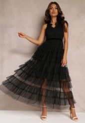 Czarna Sukienka Koktajlowa z Koronkową Górą i Rozkloszowanym Tiulowym Dołem Venisa. Czarne sukienki damskie Renee, bez wzorów, z koronki, eleganckie, bez ramiączek. W wyprzedaży za 175.99 zł.