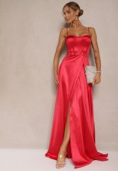 Czerwona Sukienka na Ramiączkach o Rozkloszowanym Kroju z Wiązaniem na Plecach Katirione. Czerwone sukienki damskie Renee, bez wzorów, eleganckie, bez ramiączek. Za 209.99 zł.