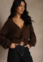 Brązowy Oversizowy Sweter z Dodatkiem Wełny Zdobiony Węzłem Lawedana. Brązowe swetry klasyczne damskie Renee, l, z wełny, bez kołnierzyka. Za 139.99 zł.