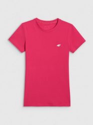 4F T-shirt slim gładki damski - różowy XS. Czerwone t-shirty damskie 4F, xs, bez wzorów, z bawełny, bez kołnierzyka. Za 39.99 zł.