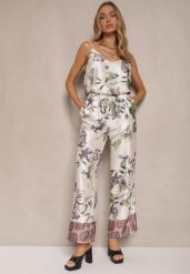 Beżowe Spodnie z Wiskozą o Szerokim Kroju High Waist w Kwiaty Davilsa. Brązowe spodnie materiałowe damskie Renee, bez wzorów, z jeansu. Za 89.99 zł.