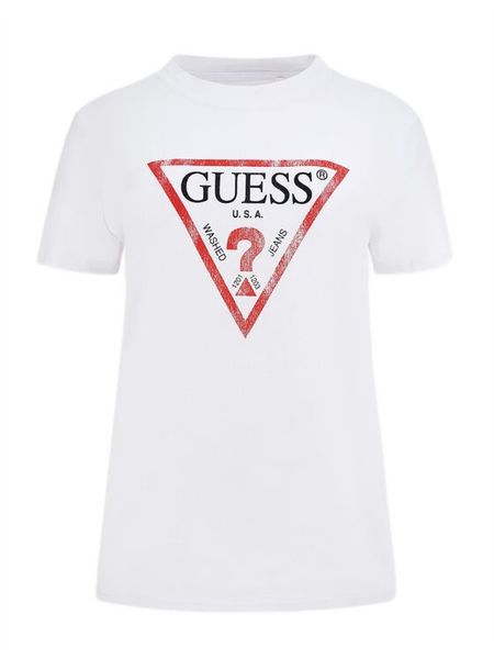 Guess T-Shirt W2BI69 K8FQ1 Biały Regular Fit. Białe t-shirty damskie Guess, xs, z aplikacjami, z bawełny, bez kołnierzyka. Za 79.99 zł.