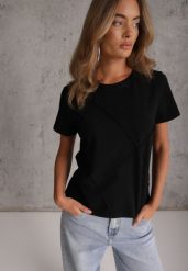 Czarny Bawełniany T-shirt o Klasycznym Kroju z Ozdobnymi Przeszyciami w Romby Luara. Czarne t-shirty damskie Renee, l, bez wzorów, z bawełny, bez kołnierzyka. Za 59.99 zł.