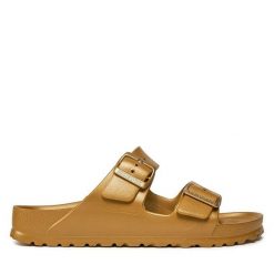 Klapki Birkenstock. Żółte klapki damskie Birkenstock, bez wzorów, bez obcasa, bez zapięcia. Za 239.99 zł.
