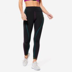 Legginsy fitness damskie Domyos. Czarne legginsy damskie DOMYOS, l, bez wzorów, z elastanu. W wyprzedaży za 79.99 zł.