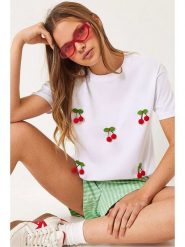 Bianco Lucci Koszulka w kolorze białym rozmiar: M. Białe bluzki damskie Bianco Lucci, m, z aplikacjami, z bawełny, bez kołnierzyka, bez ramiączek. Za 72.95 zł.