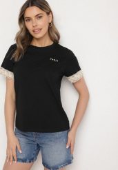 Czarny T-shirt z Bawełny Zdobiony Koronką z Cekinami Pollea. Czarne t-shirty damskie Born2be, l, z aplikacjami, z bawełny, bez kołnierzyka. Za 49.99 zł.