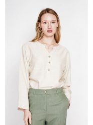 Le Jardin du Lin Lniana bluzka w kolorze kremowym rozmiar: 38. Brązowe bluzki damskie Le jardin du lin, bez wzorów, ze lnu, bez kołnierzyka, bez ramiączek. Za 130.99 zł.