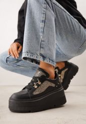 Czarne Sneakersy VICES na Koturnie z Brokatowymi Wstawkami Morinatea. Czarne obuwie sportowe damskie Renee, na lato, z jeansu, bez zapięcia. Za 129.99 zł.